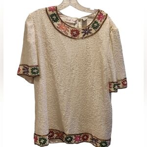 Vintage Lawrence Kazar New York Silk Beaded Cream Beaded Floral Top Size XL